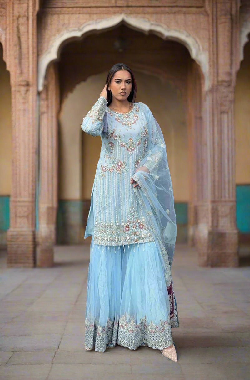 Imrozia Premium Ice Blue Embroidered 3 Piece Wedding Gharara Outfit