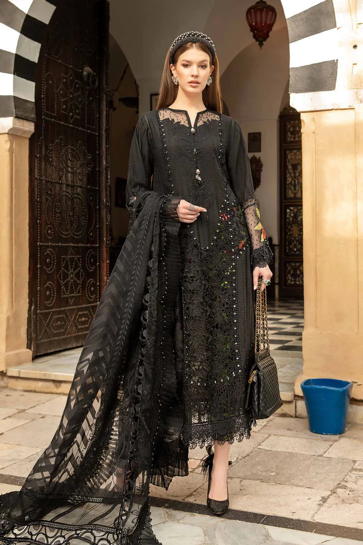 Maria B Inspired Chikan Embroidered D2408-B 3 Piece Outfit With Net Dupatta