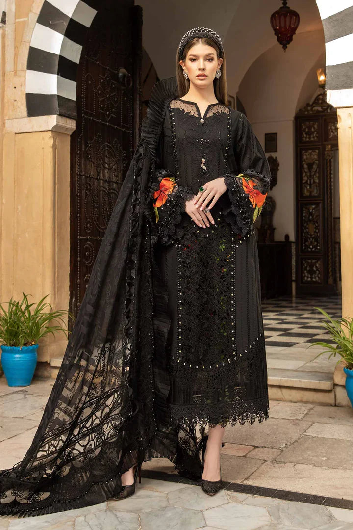 Maria B Inspired Chikan Embroidered D2408-B 3 Piece Outfit With Net Dupatta