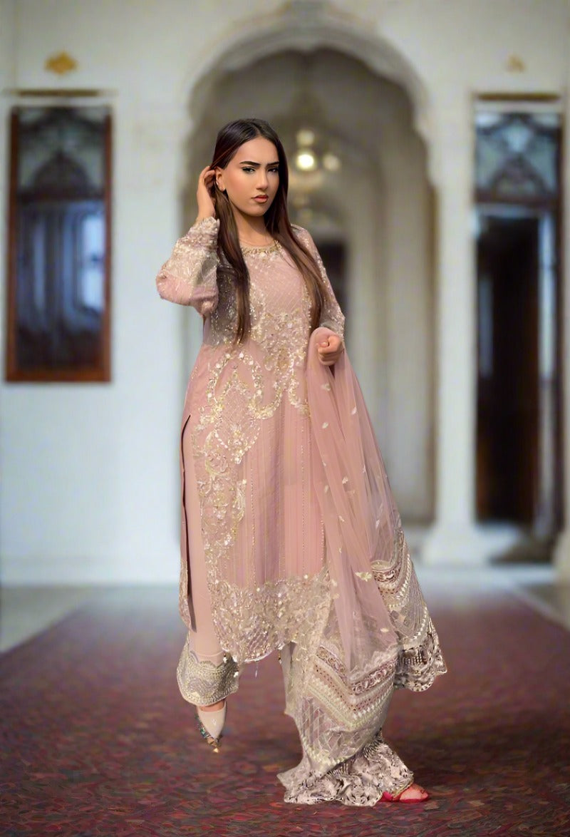 Imrozia Premium Inspired Embroidered 3 Piece Pink Wedding Outfit