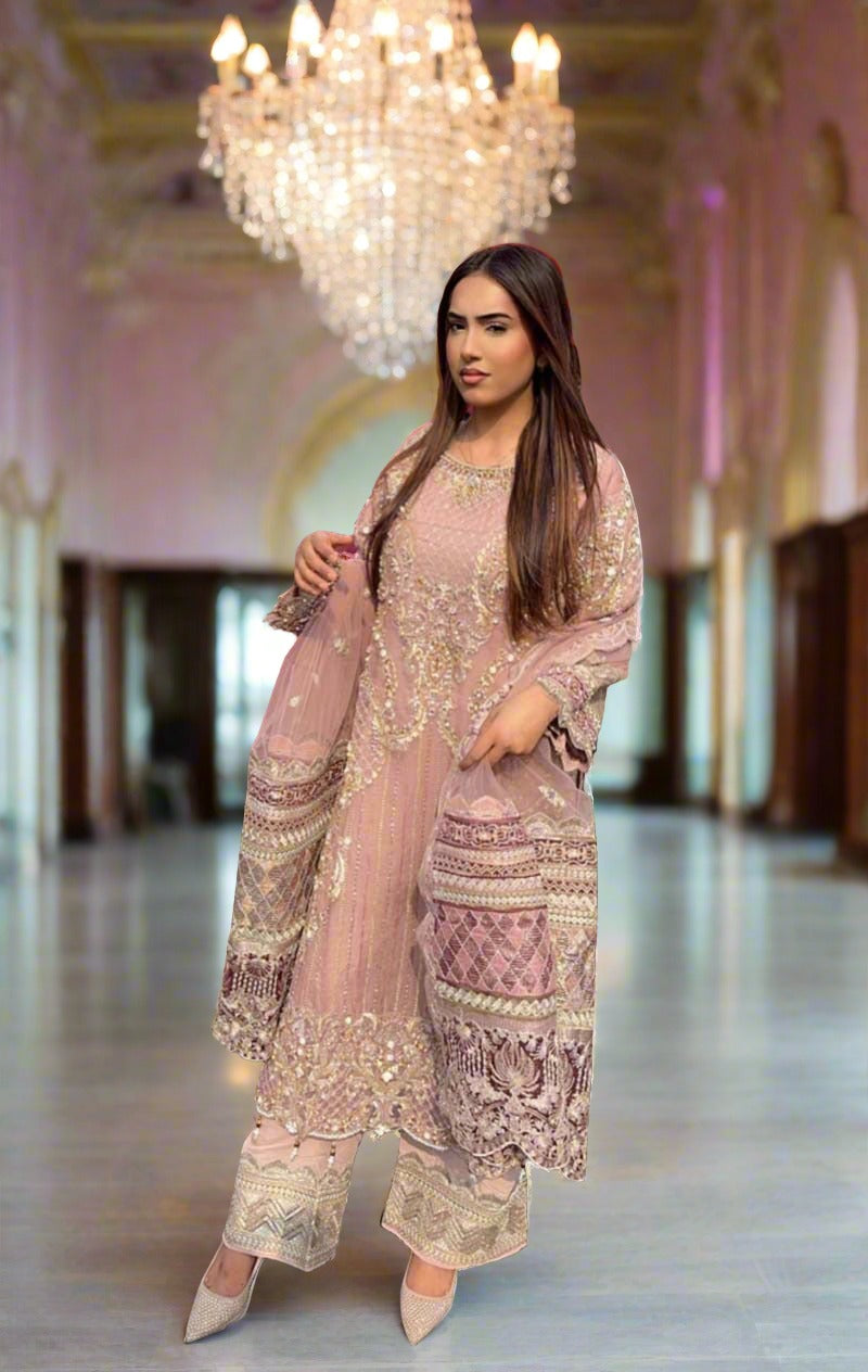 Imrozia Premium Inspired Embroidered 3 Piece Pink Wedding Outfit