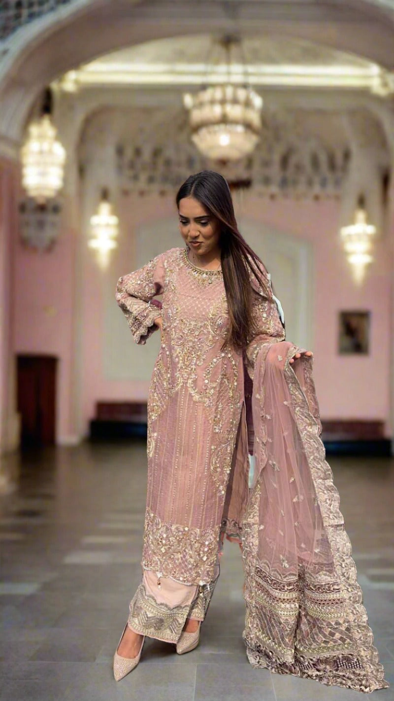 Imrozia Premium Inspired Embroidered 3 Piece Pink Wedding Outfit