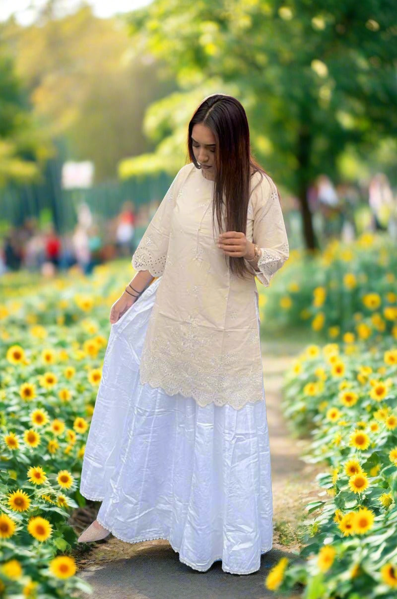 Ethnic Inspired Cotton Lawn Light Beige Chikan Embroidered Kurta