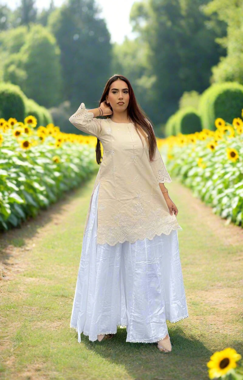 Ethnic Inspired Cotton Lawn Light Beige Chikan Embroidered Kurta