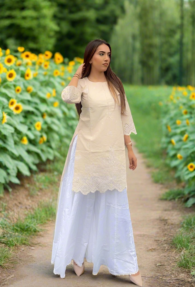 Ethnic Inspired Cotton Lawn Light Beige Chikan Embroidered Kurta