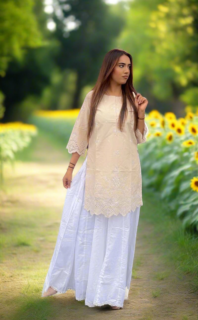 Ethnic Inspired Cotton Lawn Light Beige Chikan Embroidered Kurta