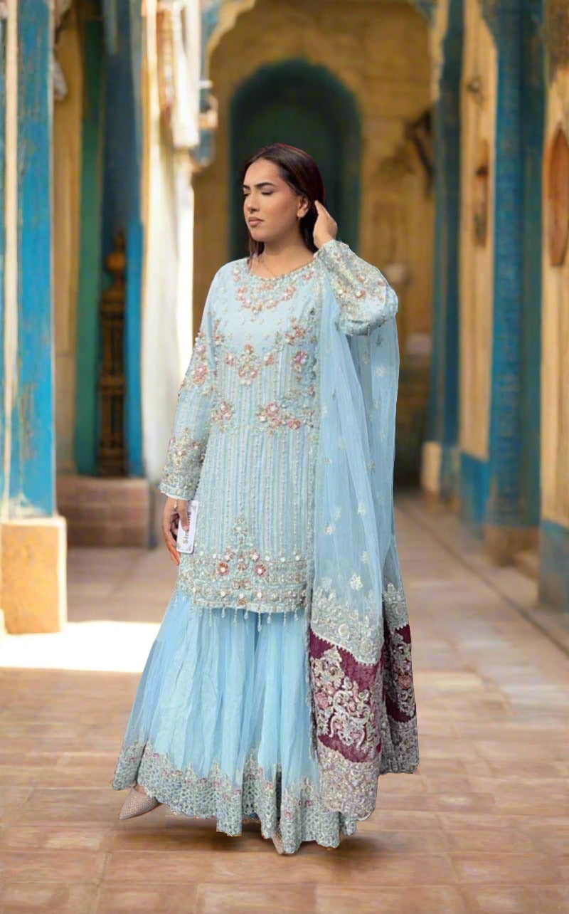 Imrozia Premium Ice Blue Embroidered 3 Piece Wedding Gharara Outfit