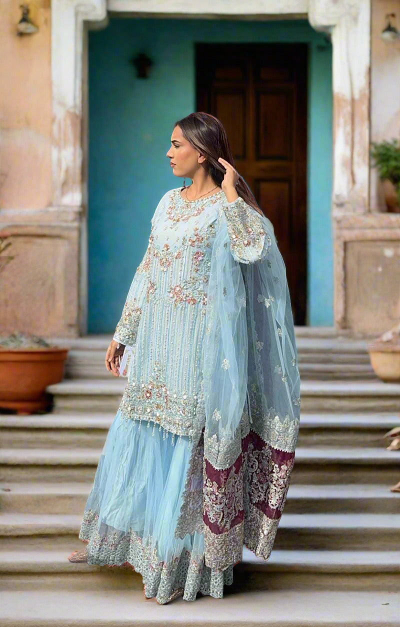 Imrozia Premium Ice Blue Embroidered 3 Piece Wedding Gharara Outfit