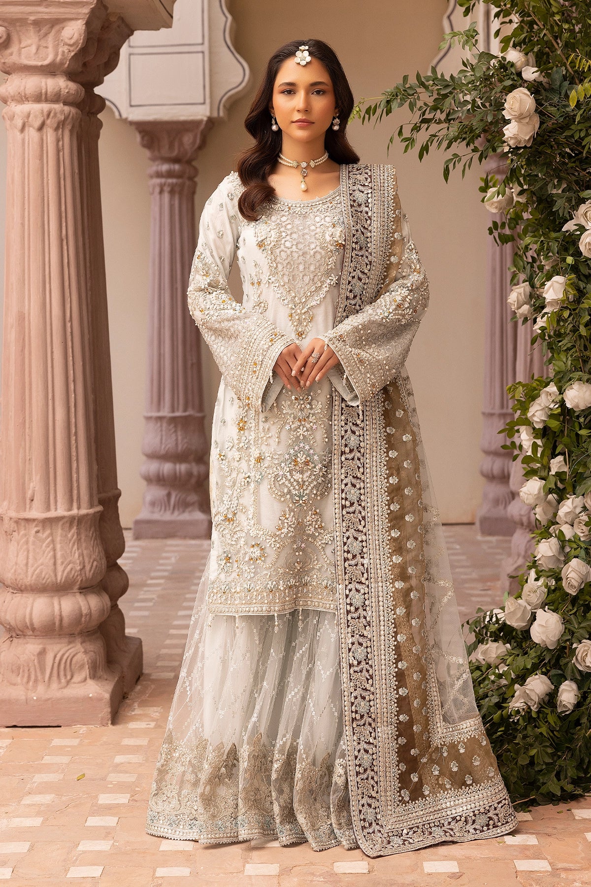 Imrozia Premium Inspired Embroidered Cream 3 Piece Wedding Gharara Outfit