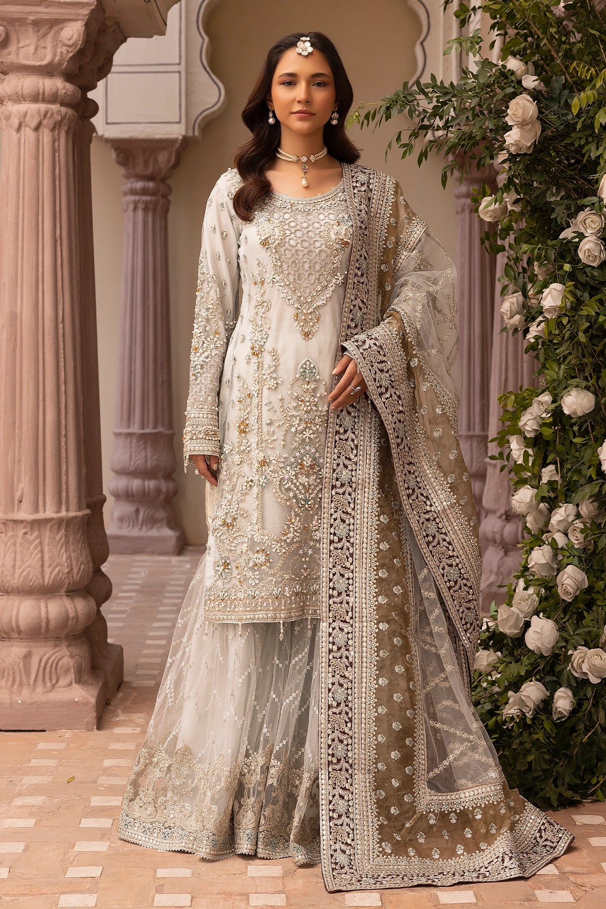 Imrozia Premium Inspired Embroidered Cream 3 Piece Wedding Gharara Outfit