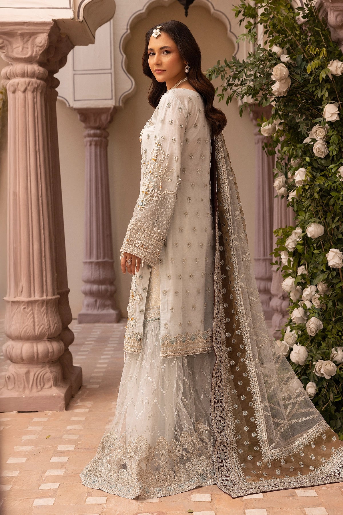 Imrozia Premium Inspired Embroidered Cream 3 Piece Wedding Gharara Outfit