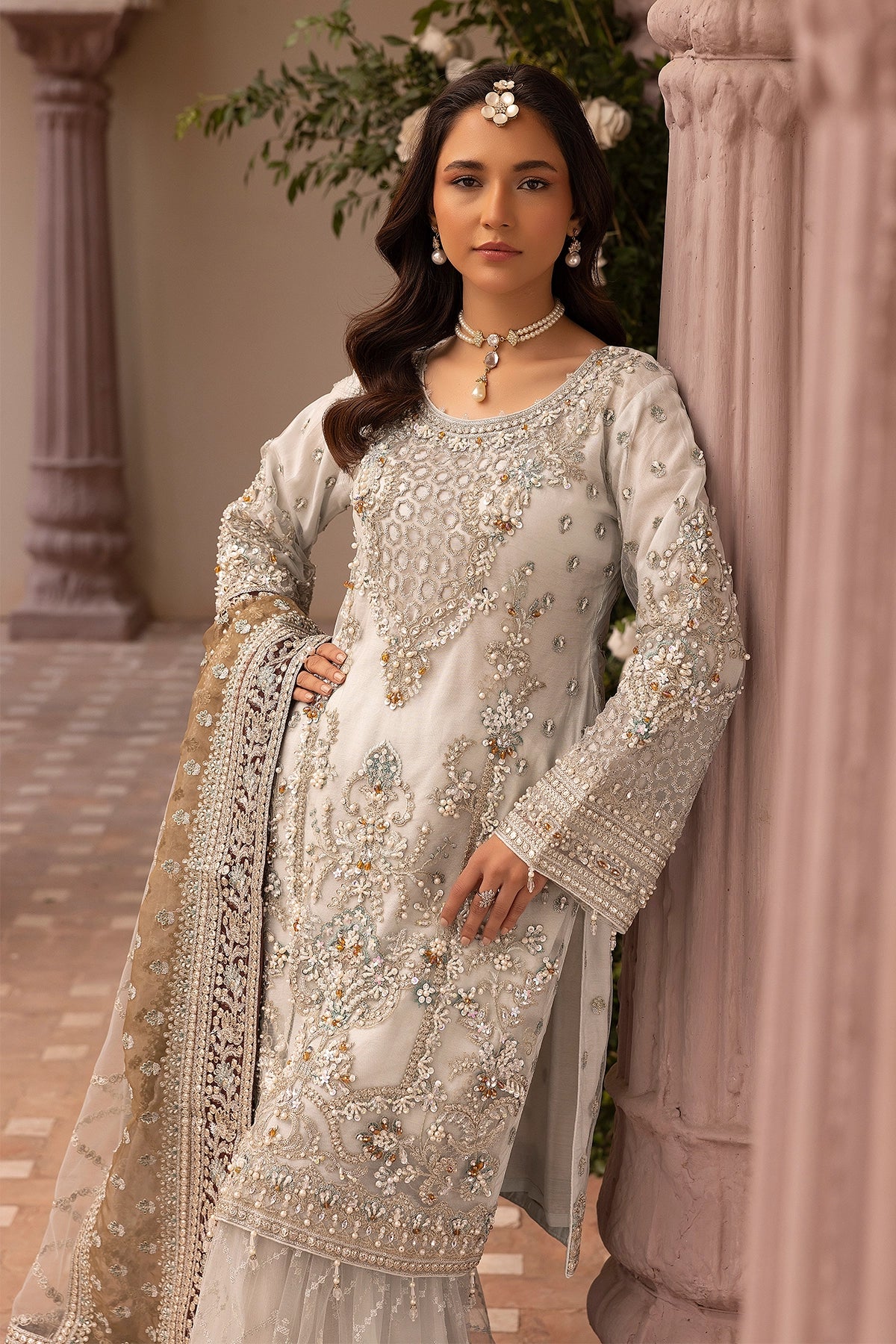 Imrozia Premium Inspired Embroidered Cream 3 Piece Wedding Gharara Outfit