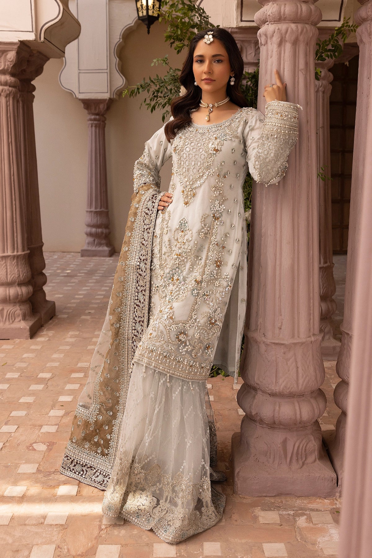 Imrozia Premium Inspired Embroidered Cream 3 Piece Wedding Gharara Outfit