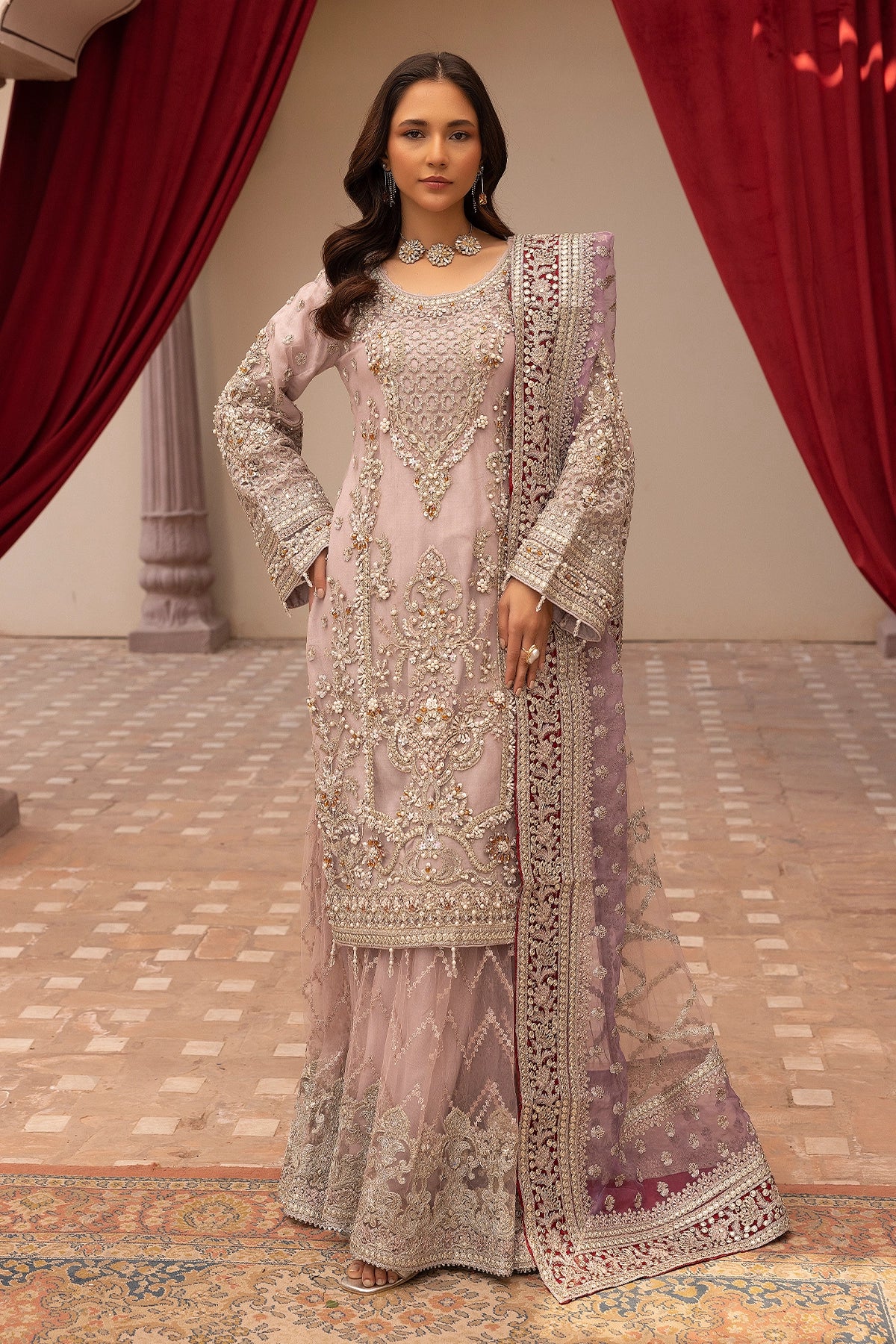 Imrozia Premium Inspired Embroidered Lilac 3 Piece Wedding Gharara Outfit