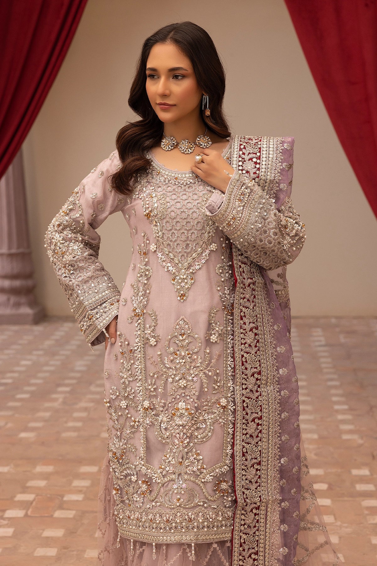 Imrozia Premium Inspired Embroidered Lilac 3 Piece Wedding Gharara Outfit