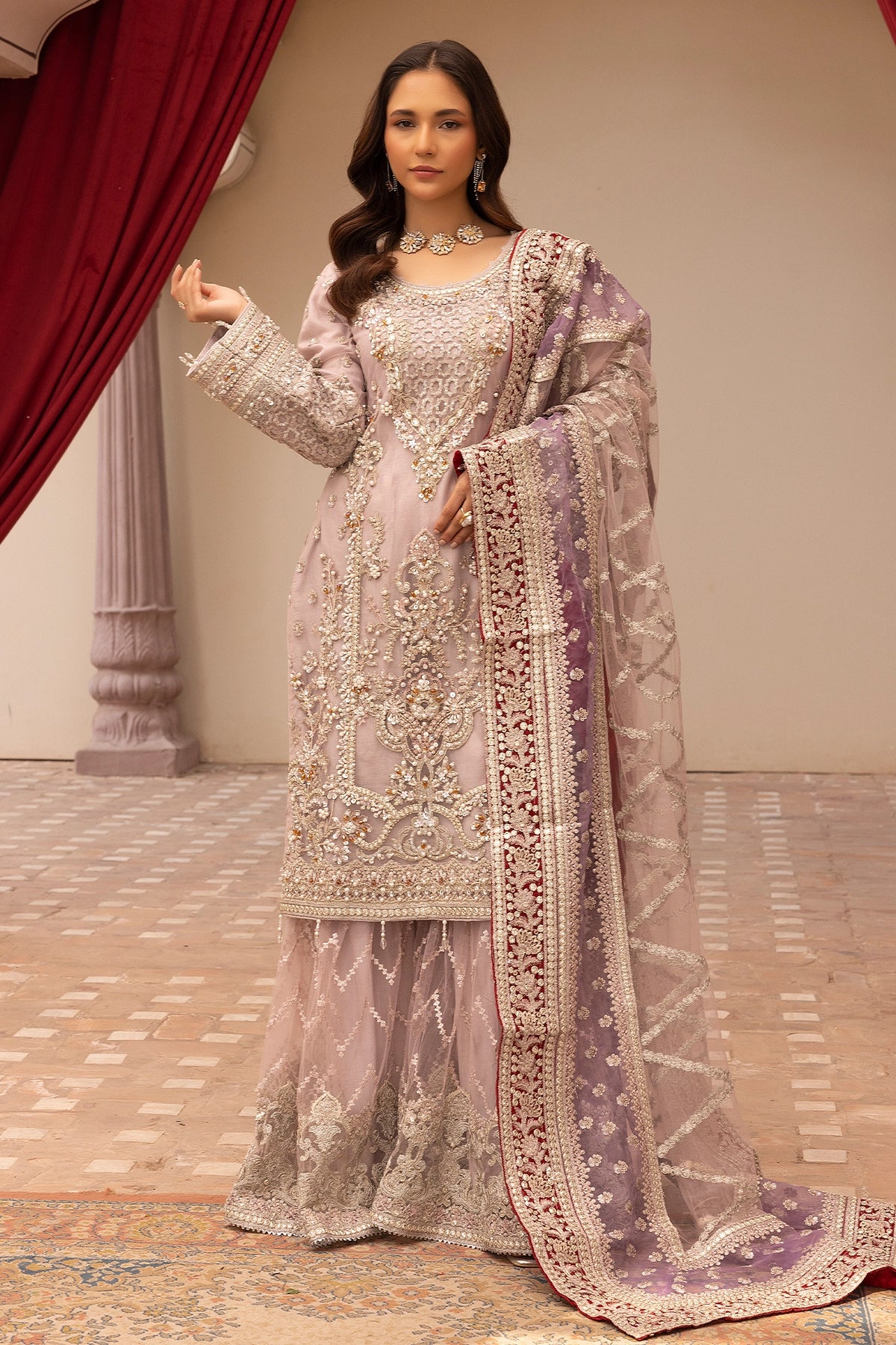 Imrozia Premium Inspired Embroidered Lilac 3 Piece Wedding Gharara Outfit