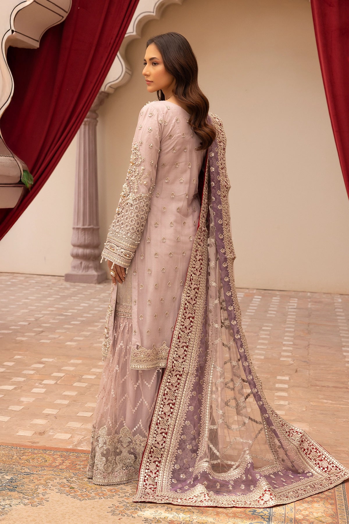 Imrozia Premium Inspired Embroidered Lilac 3 Piece Wedding Gharara Outfit