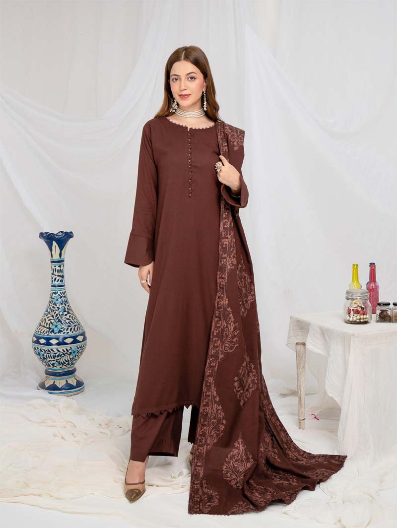 Jaan 3 Piece Dhanak Linen Suit with Embroidered Shawl Brown