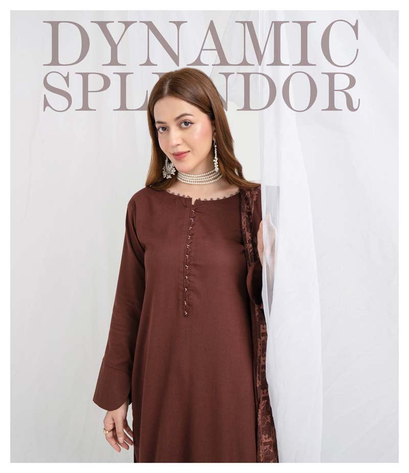 Jaan 3 Piece Dhanak Linen Suit with Embroidered Shawl Brown