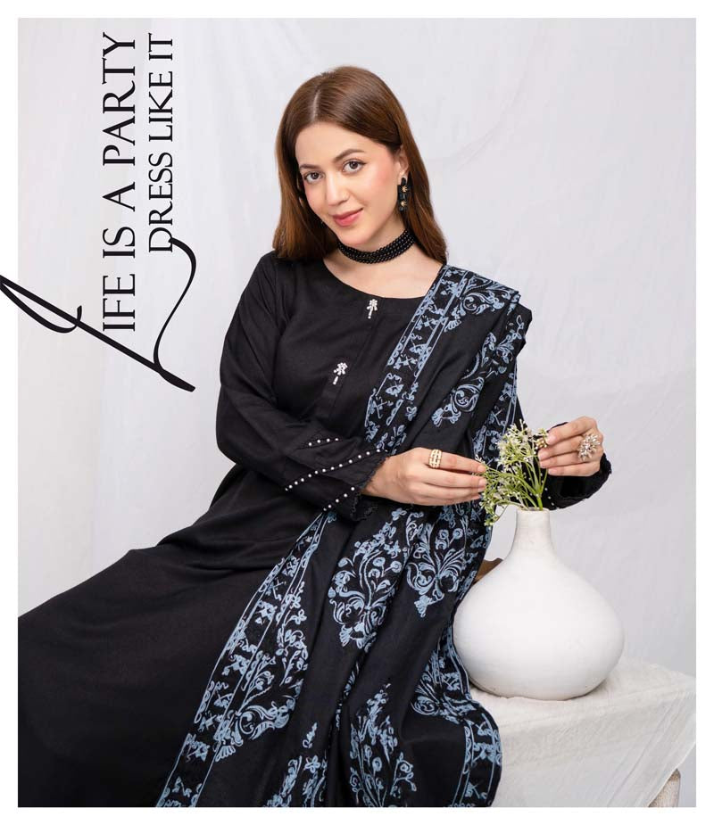 Jaan 3 Piece Dhanak Linen Suit with Embroidered Shawl Black