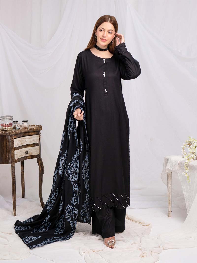 Jaan 3 Piece Dhanak Linen Suit with Embroidered Shawl Black