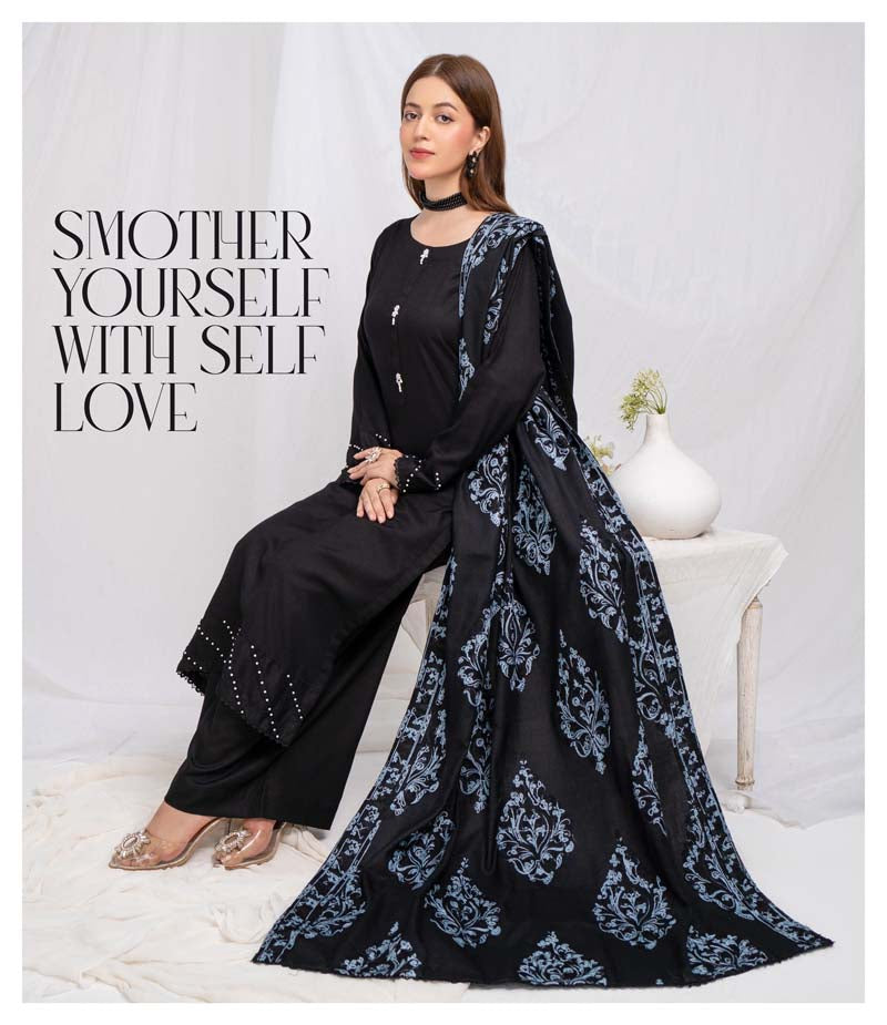 Jaan 3 Piece Dhanak Linen Suit with Embroidered Shawl Black