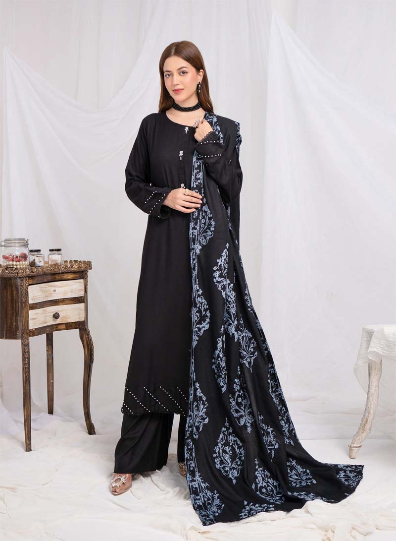 Jaan 3 Piece Dhanak Linen Suit with Embroidered Shawl Black