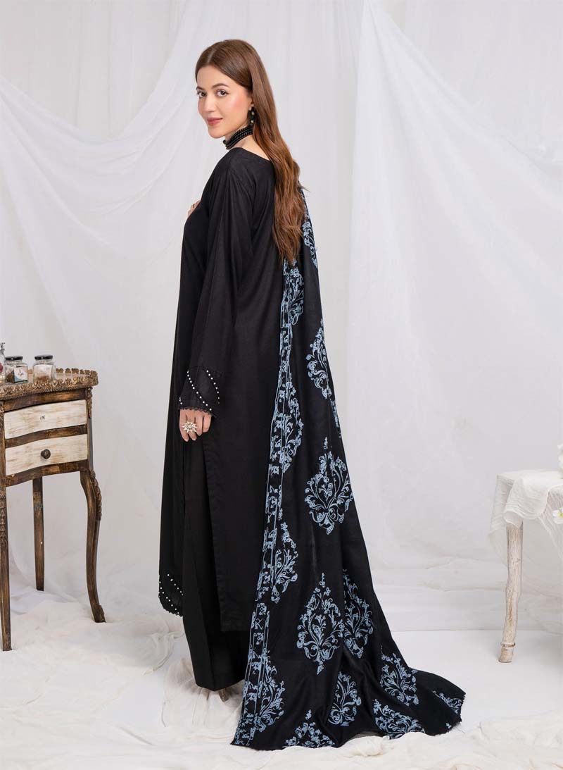 Jaan 3 Piece Dhanak Linen Suit with Embroidered Shawl Black