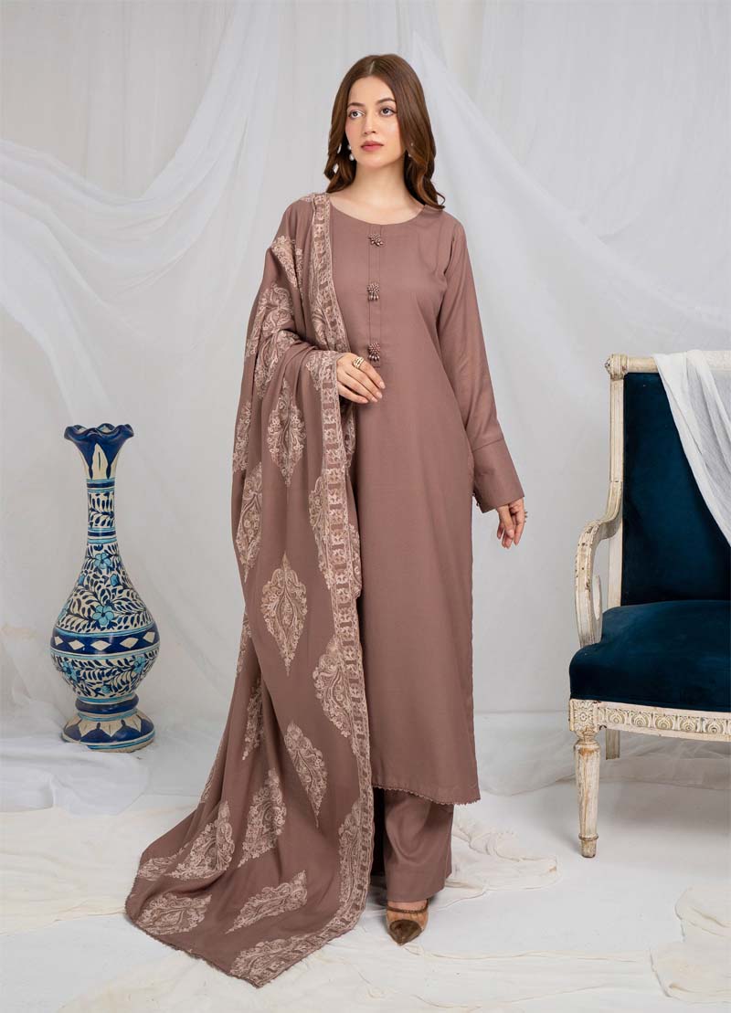 Jaan 3 Piece Dhanak Linen Suit with Embroidered Shawl Beige