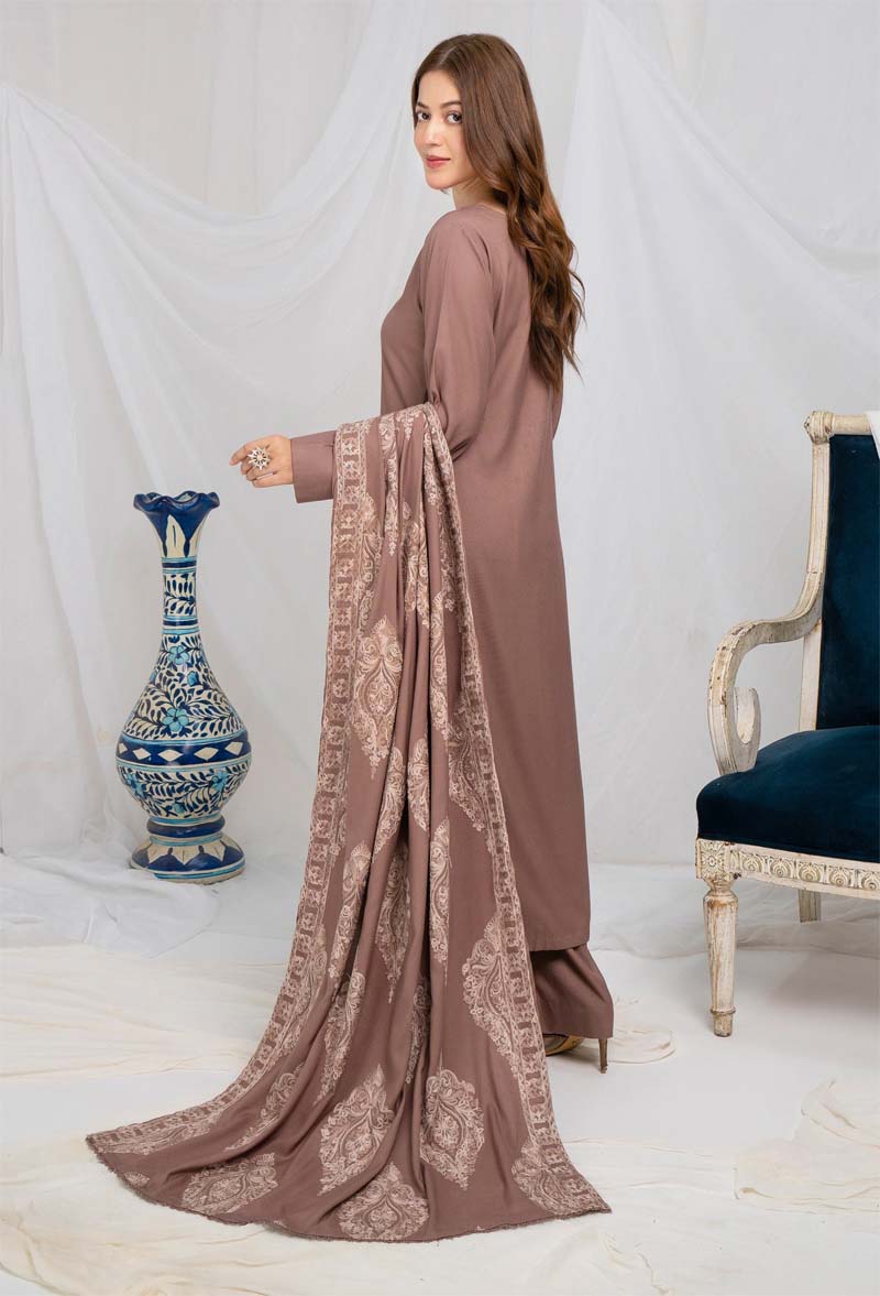 Jaan 3 Piece Dhanak Linen Suit with Embroidered Shawl Beige