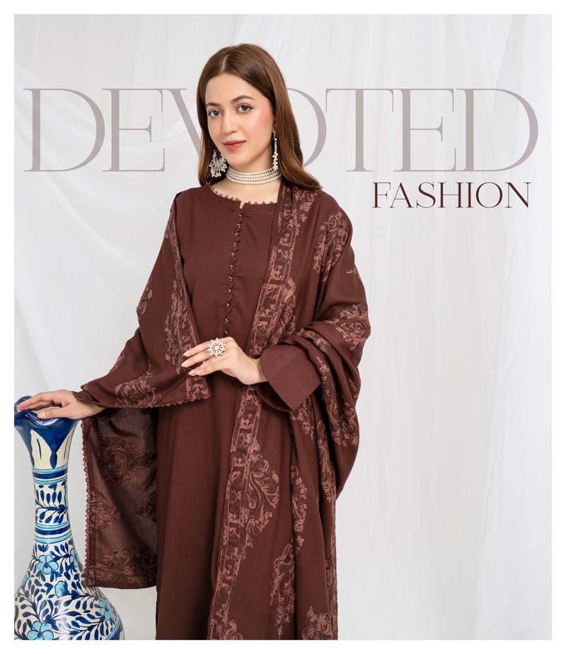 Jaan 3 Piece Dhanak Linen Suit with Embroidered Shawl Brown