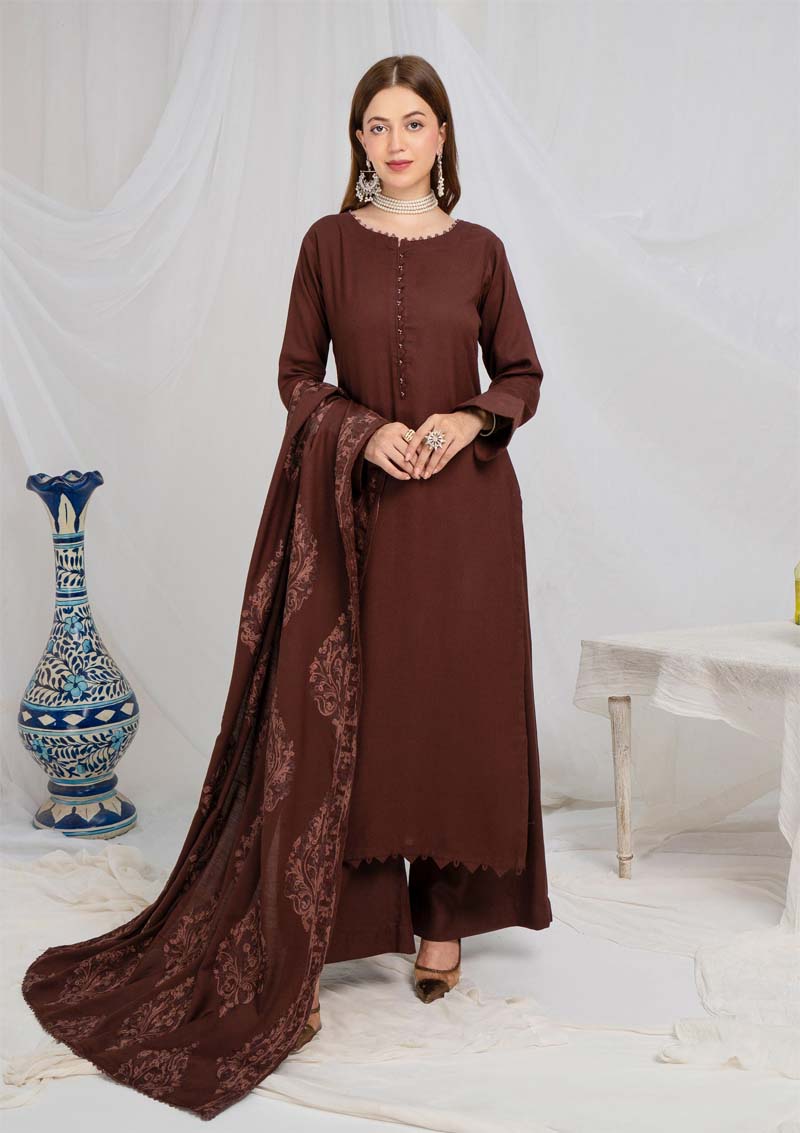 Jaan 3 Piece Dhanak Linen Suit with Embroidered Shawl Brown