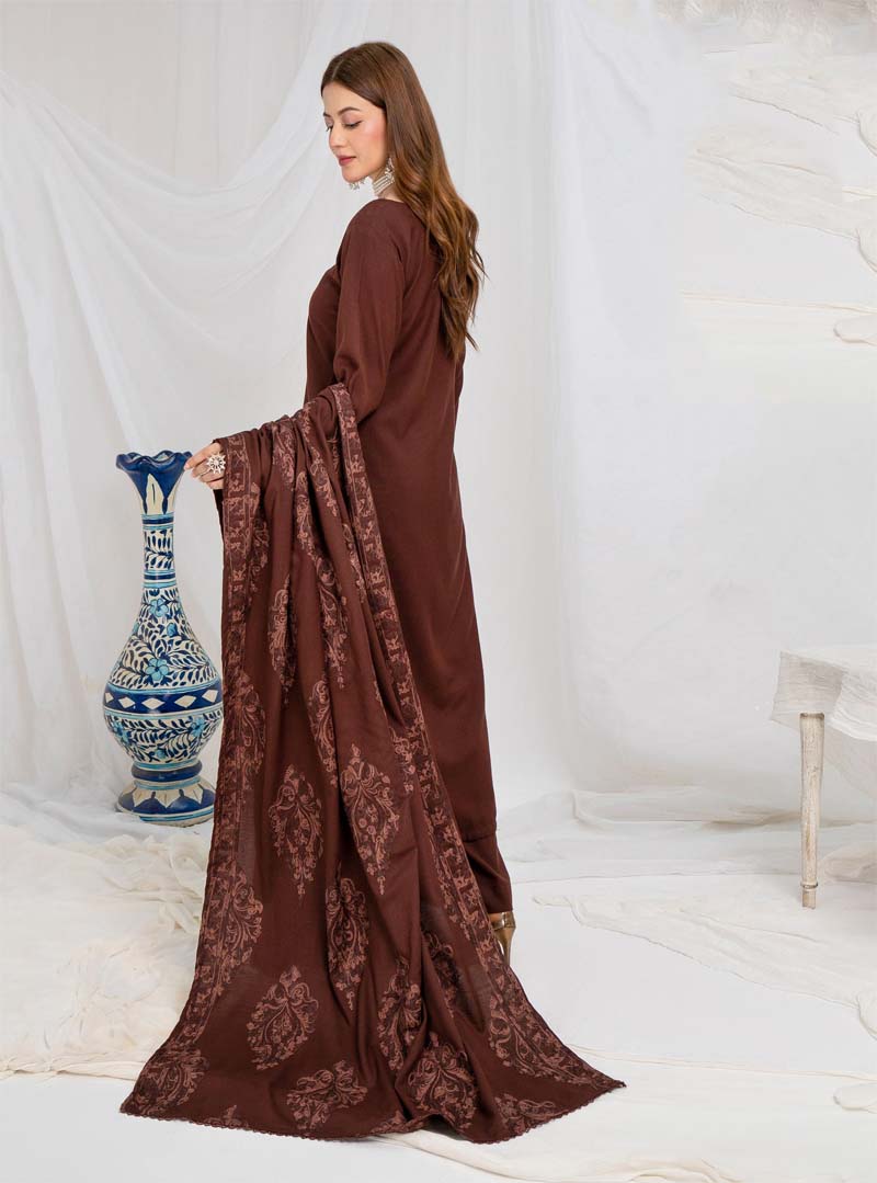 Jaan 3 Piece Dhanak Linen Suit with Embroidered Shawl Brown