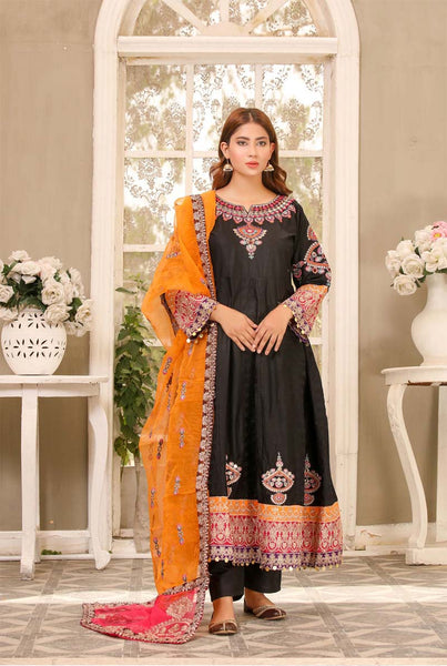 Karma inspired Ladies Embroidered Long Lawn suit Black