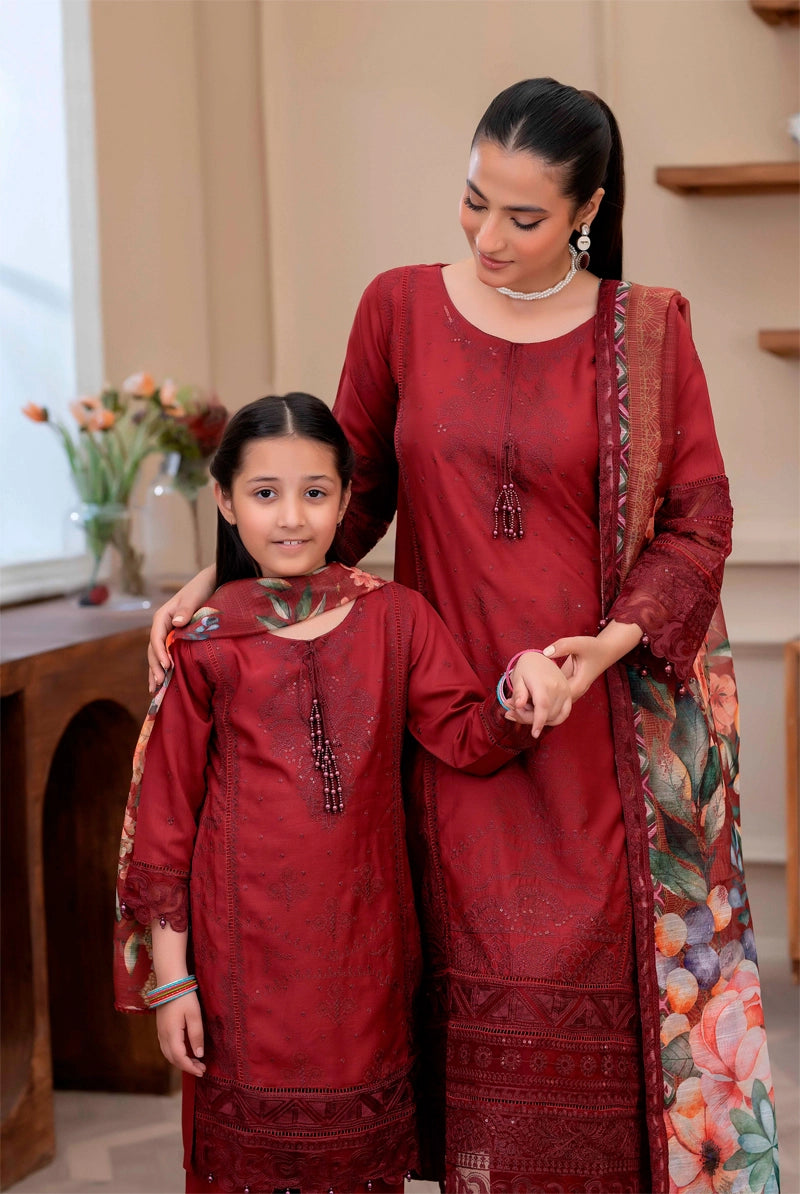 Sana Safinaz Inspired Viscose Red Chikan Kari Mummy & Me Girls Eid Outfit