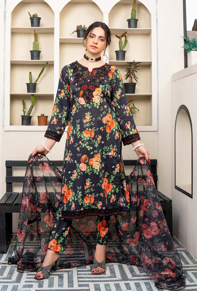 Maria B M-Prints Inspired 3 Piece Lawn Long Kameez Black Outfit