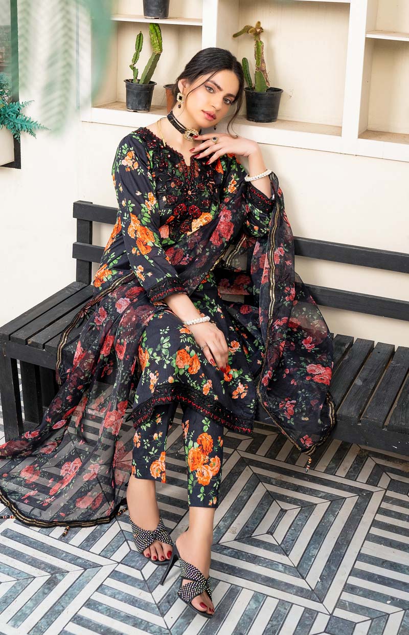 Maria B M-Prints Inspired 3 Piece Lawn Long Kameez Black Outfit