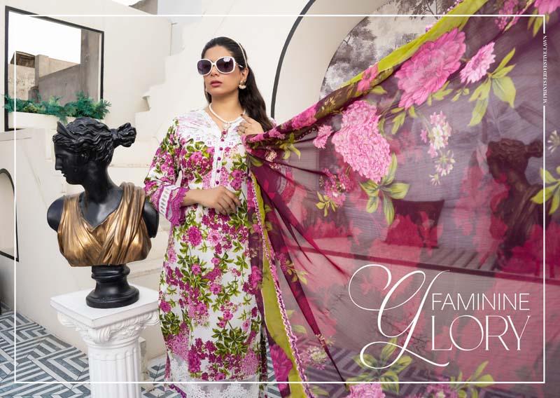 Maria B M-Prints Inspired 3 Piece Lawn Long Kameez Pink and White Outfit