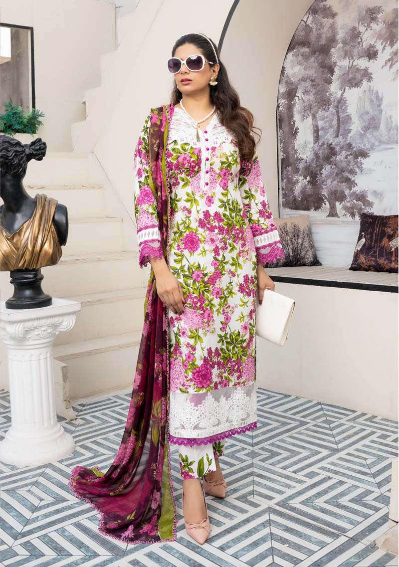 Maria B M-Prints Inspired 3 Piece Lawn Long Kameez Pink and White Outfit