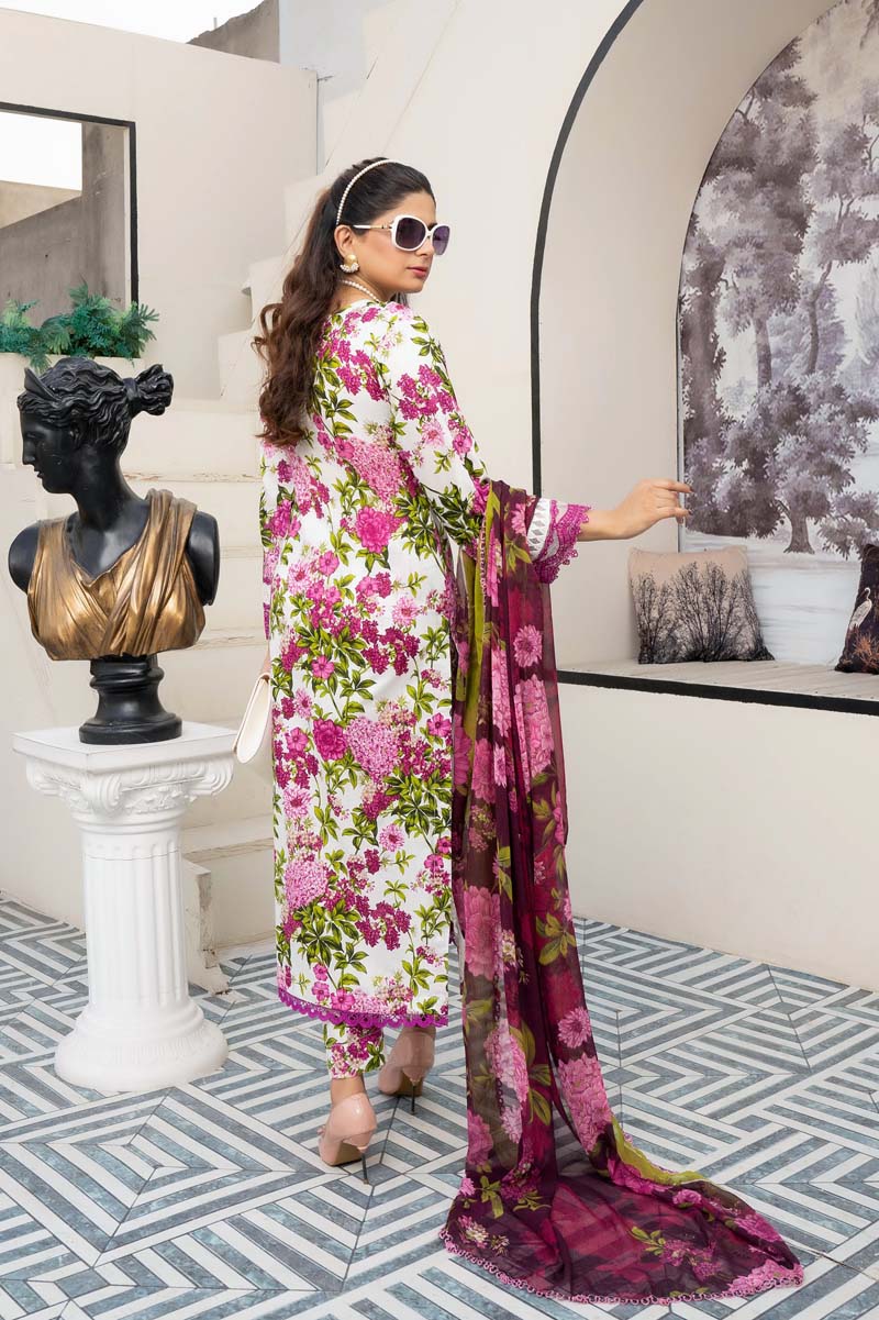 Maria B M-Prints Inspired 3 Piece Lawn Long Kameez Pink and White Outfit