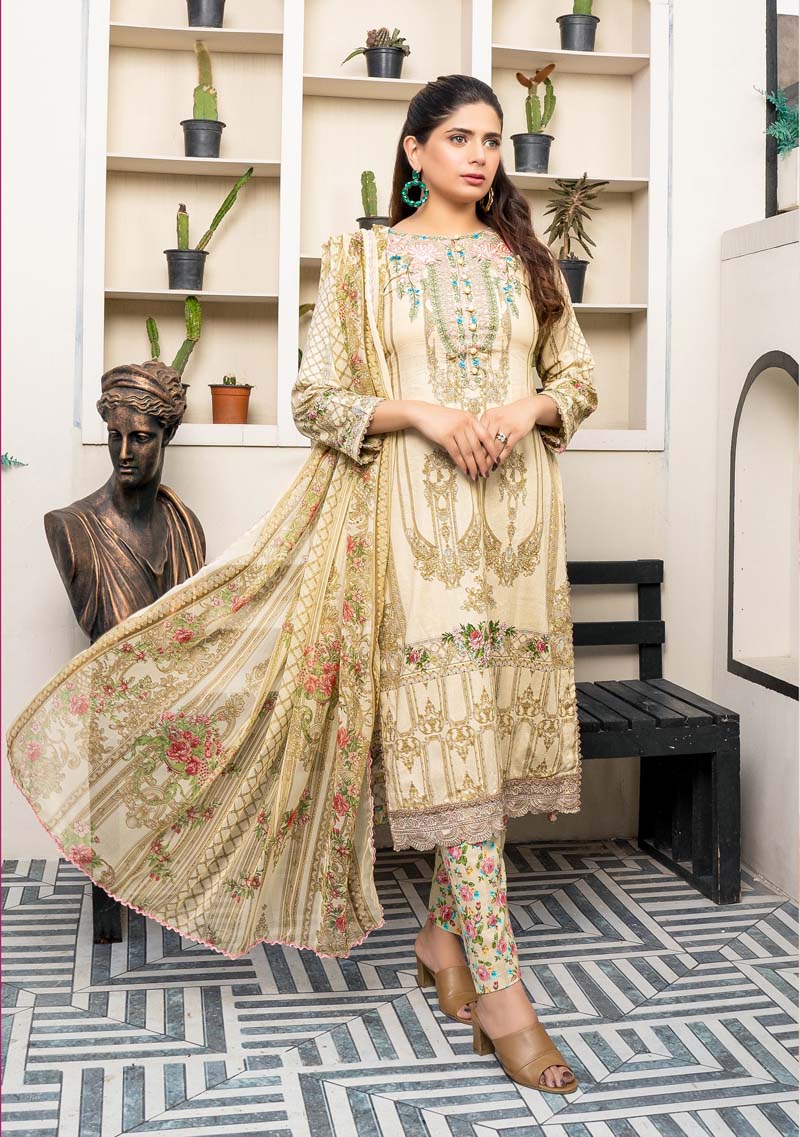 Maria B M-Prints Inspired 3 Piece Lawn Long Kameez Cream Outfit