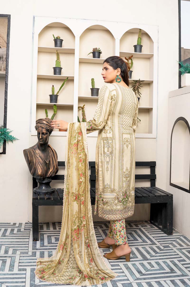 Maria B M-Prints Inspired 3 Piece Lawn Long Kameez Cream Outfit