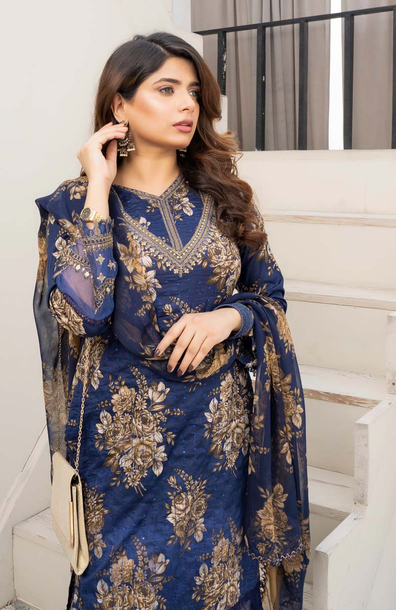 Maria B M-Prints Inspired 3 Piece Lawn Long Kameez Blue Outfit