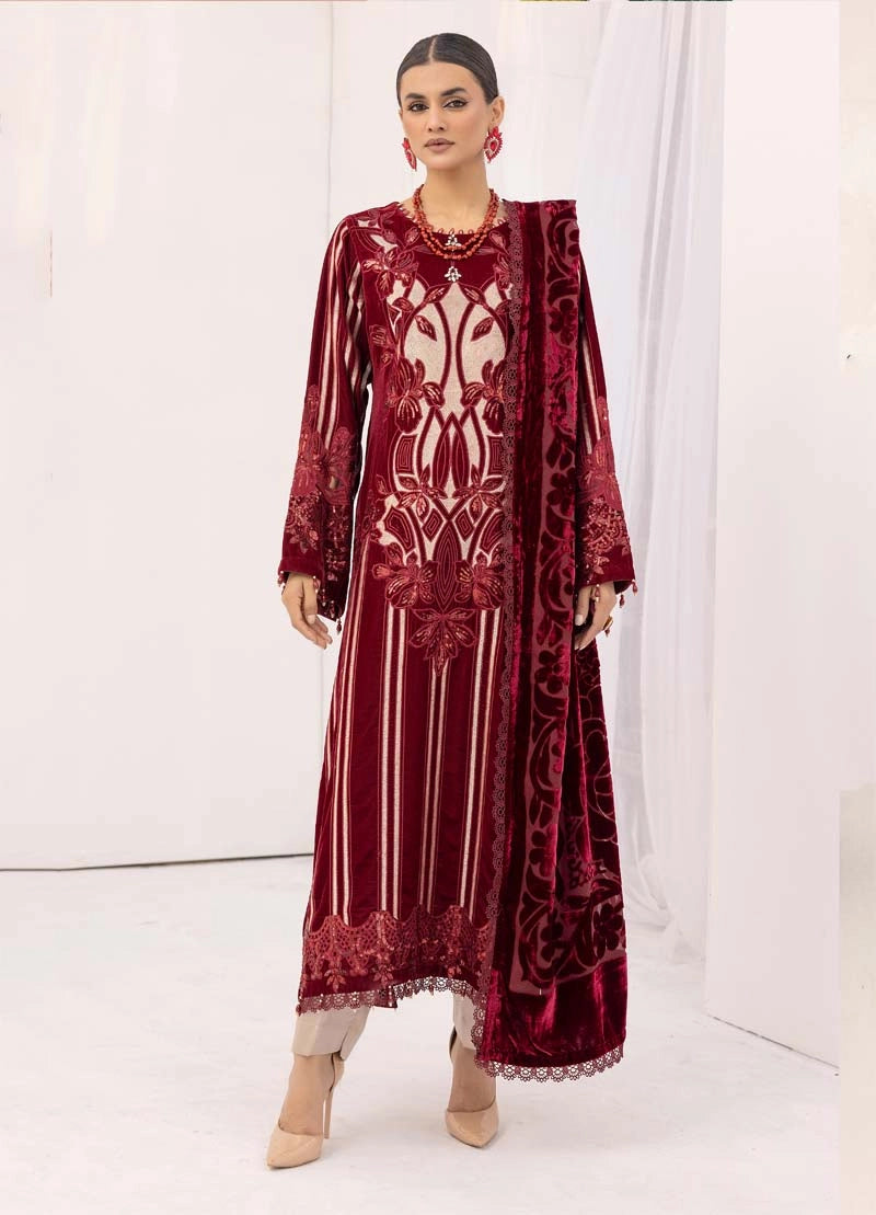 Maria B Inspired Mbroidered Velvet 3 Piece Wedding Outfit Maroon