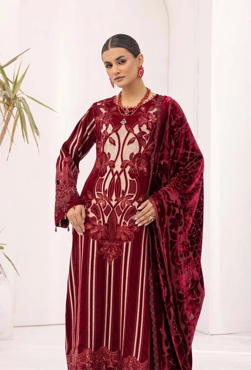 Maria B Inspired Mbroidered Velvet 3 Piece Wedding Outfit Maroon