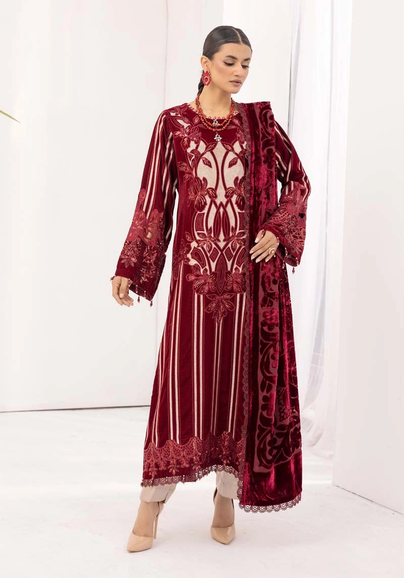 Maria B Inspired Mbroidered Velvet 3 Piece Wedding Outfit Maroon