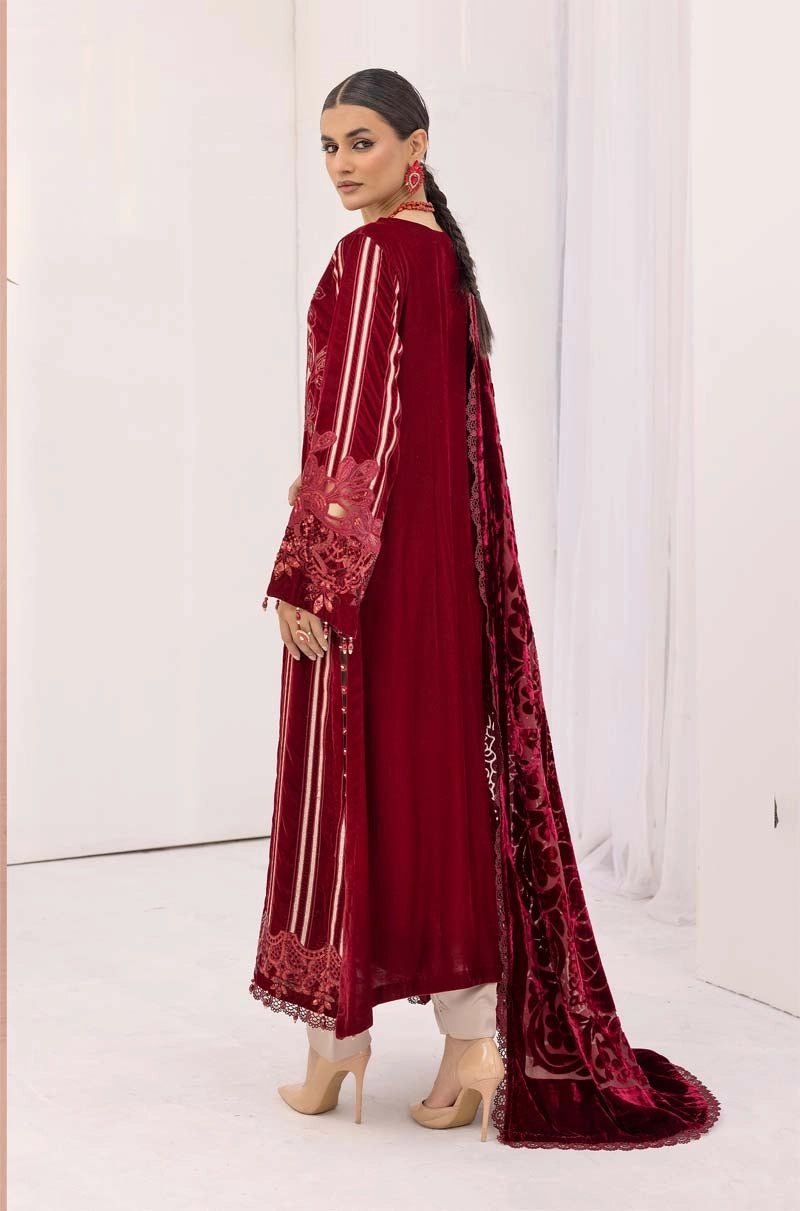 Maria B Inspired Mbroidered Velvet 3 Piece Wedding Outfit Maroon