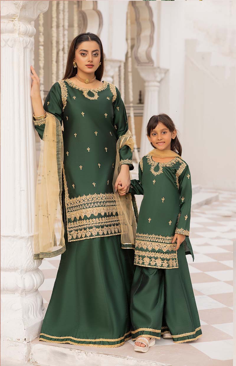 Mayoo Mother & Daughter Green Ladies Wedding Sharara Oufit