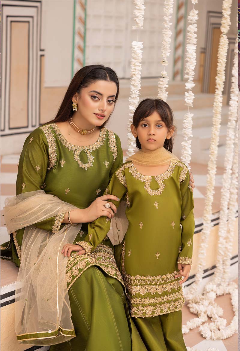 Mayoo Mother & Daughter Mehndi Green Ladies Wedding Sharara Oufit