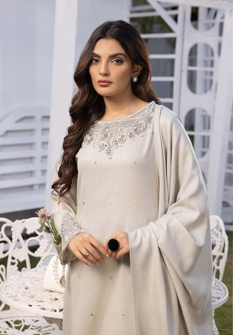 Nakhra Dhanak 3 Piece Winter Outfit With Embroidered Shawl Grey - Desi Posh